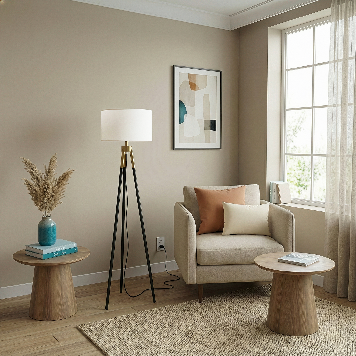 Sway Brassed Gold Floor Lamp With On Off Triple Legs White Fabric