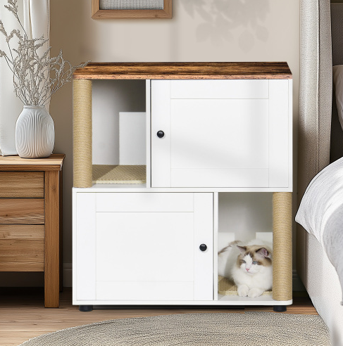Double Cat Litter Box Enclosure Cabinet for 2 Cats with Shelves White Vintage