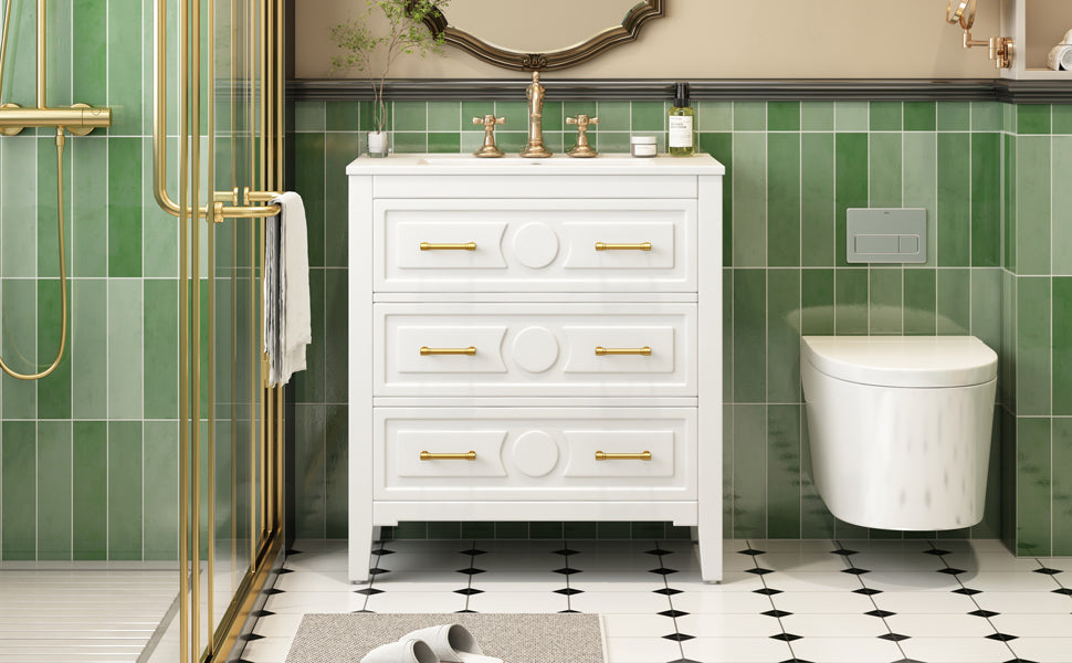 30'' White Bathroom Vanity with Ceramic Sink and 3 Drawers