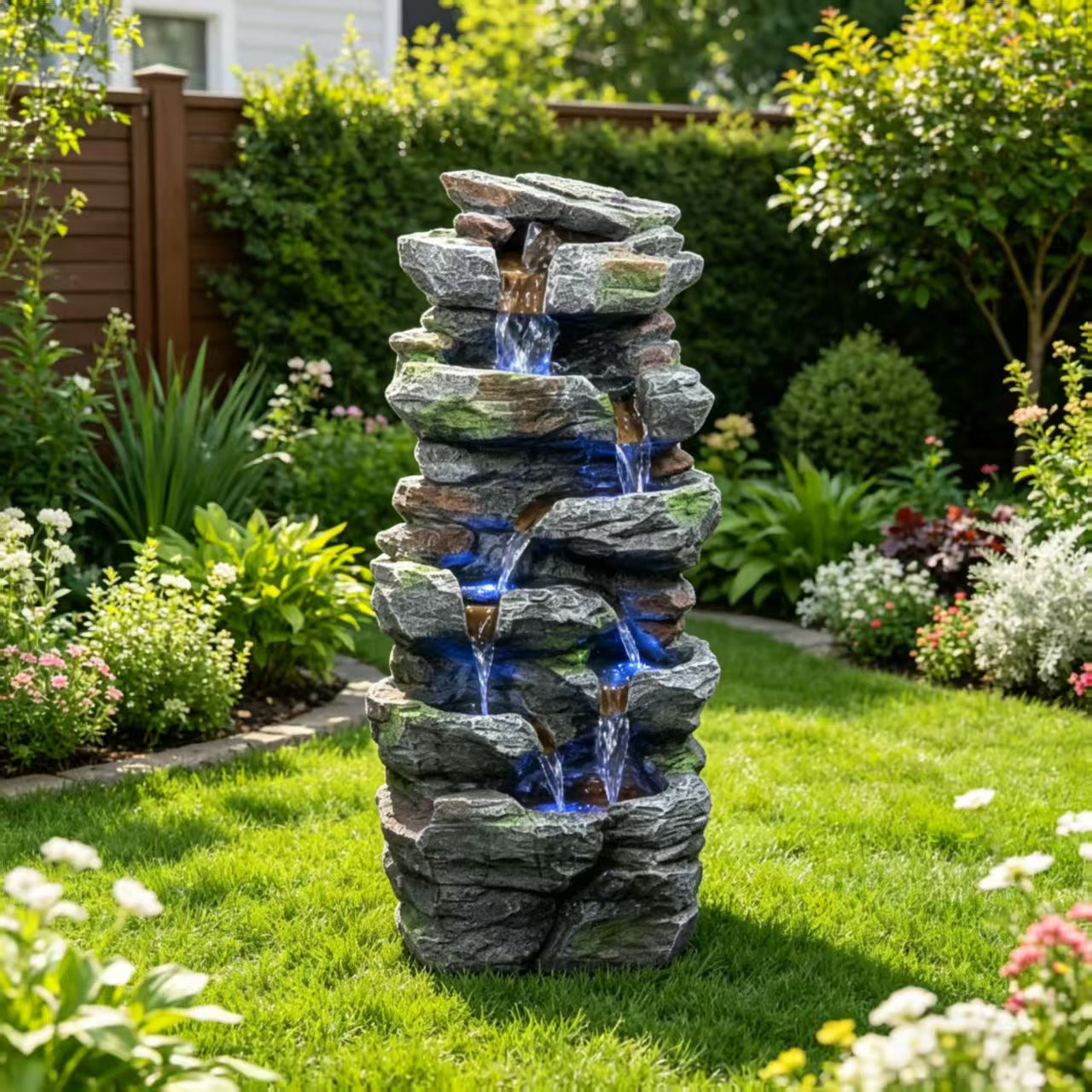 Outdoor Rock Waterfall Fountain with LED Lights for Garden Patio Lawn