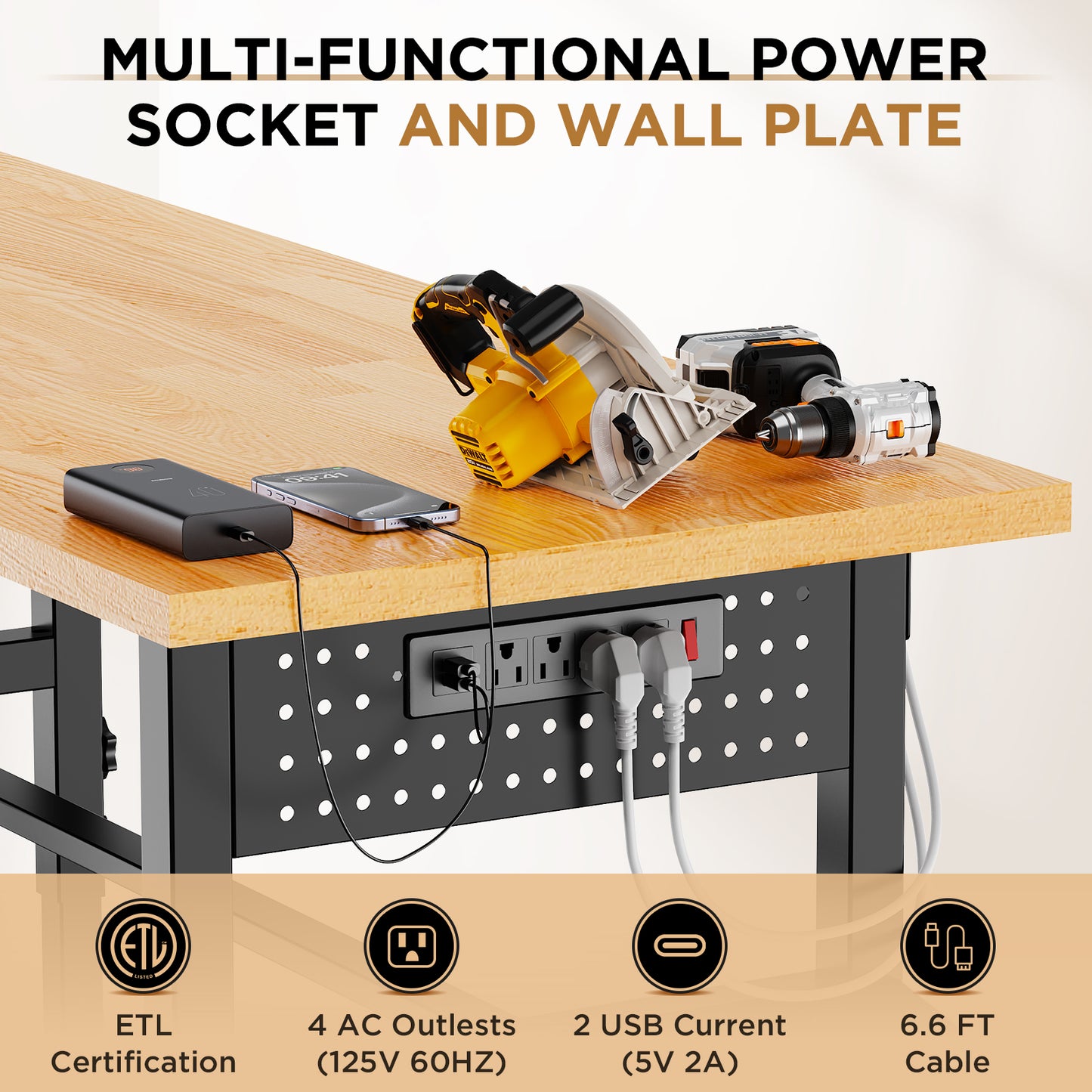 96" Adjustable Workbench with Pegboard & Power Outlet - Black