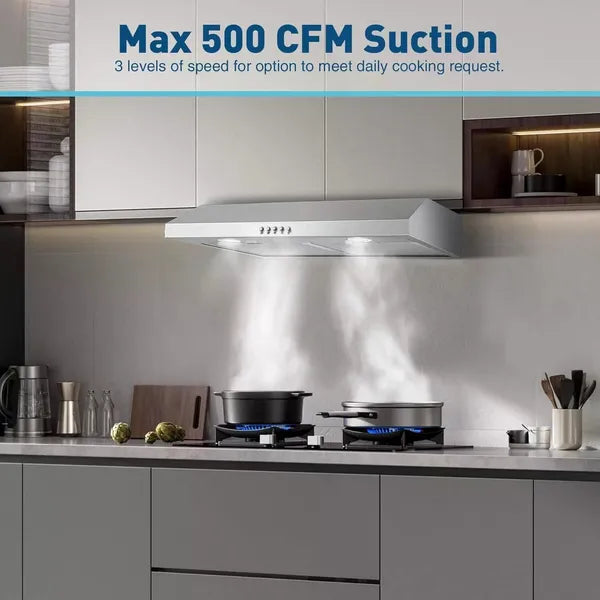 30 Inch Stainless Steel Under Cabinet Range Hood 500 CFM 3-Speed Kitchen Appliance