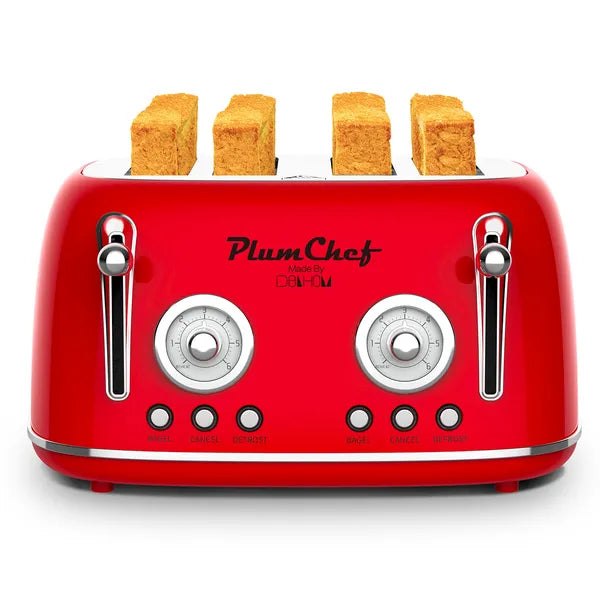4 Slice Retro Toaster with Warming Rack - 6 Browning Settings, Red Kitchen Appliance