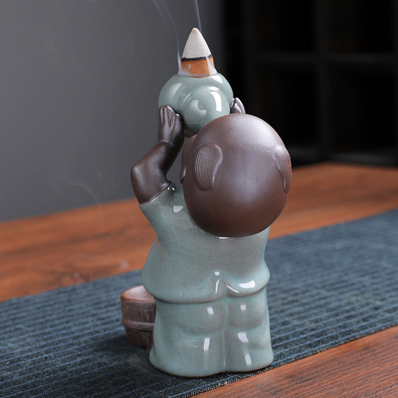 Chinese Backflow Incense Burner with Cracked Ice Boy Ceramic Decor for Aromatherapy