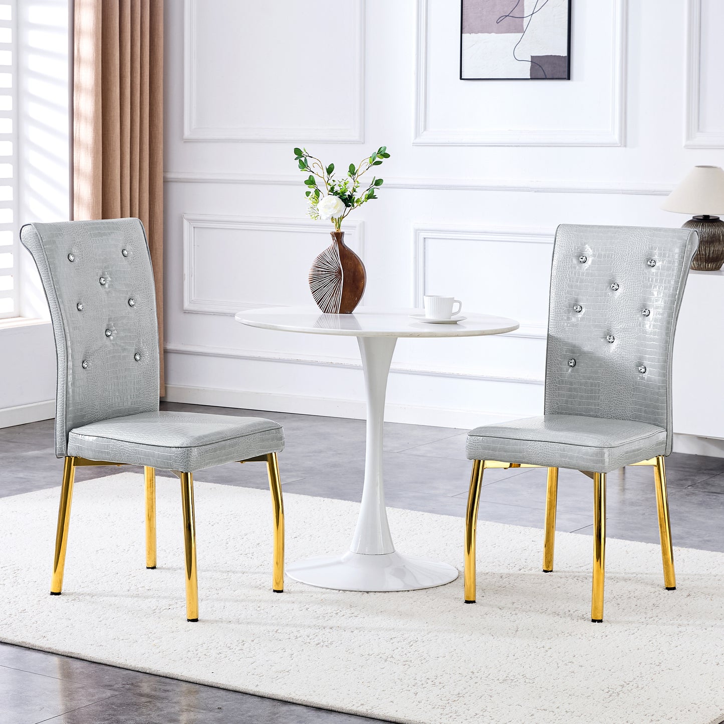 Set of 4 Gray and Gold Vintage Cushioned Dining Chairs - Elegant Design