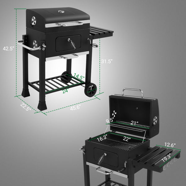 Heavy-Duty Charcoal Grill with Foldable Side Table and Wheels for Outdoor Cooking