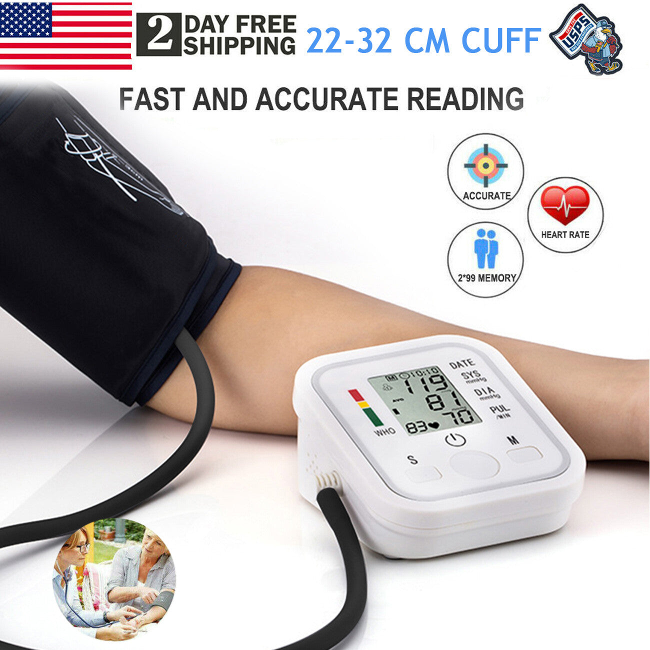 Automatic Upper Arm Blood Pressure Monitor with Voice Guidance & Backlit Screen