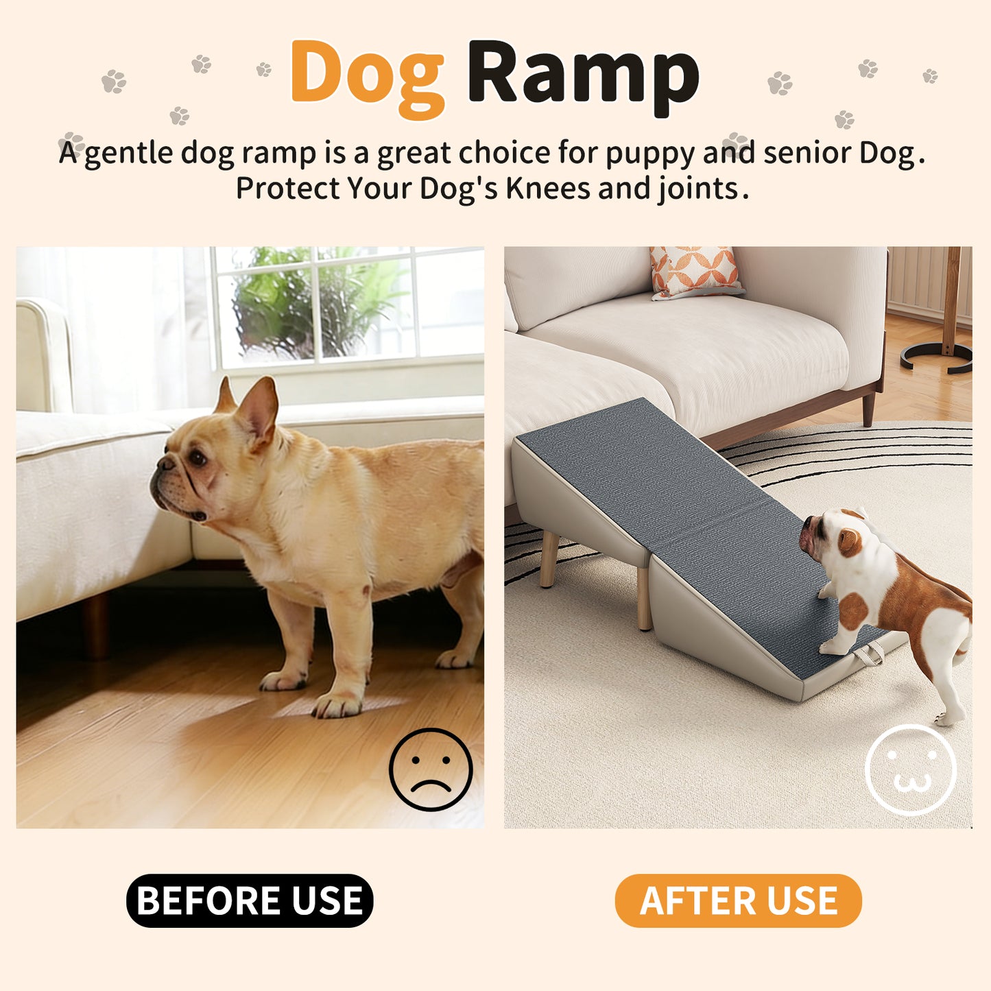 Foldable Wooden Dog Steps for Small Dogs and Cats - Non-Slip Ramp for Couch and Bed, Light Grey
