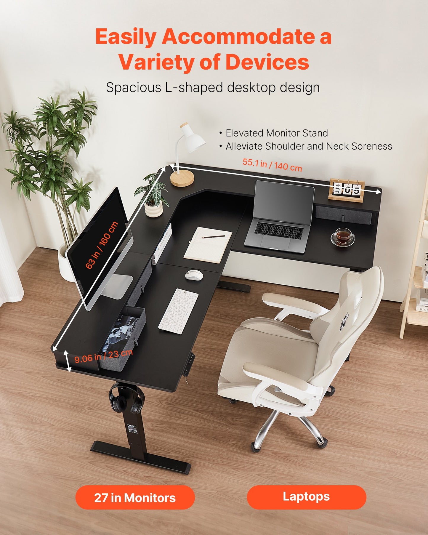 Electric Adjustable Height L-Shaped Corner Desk with Drawers - Black