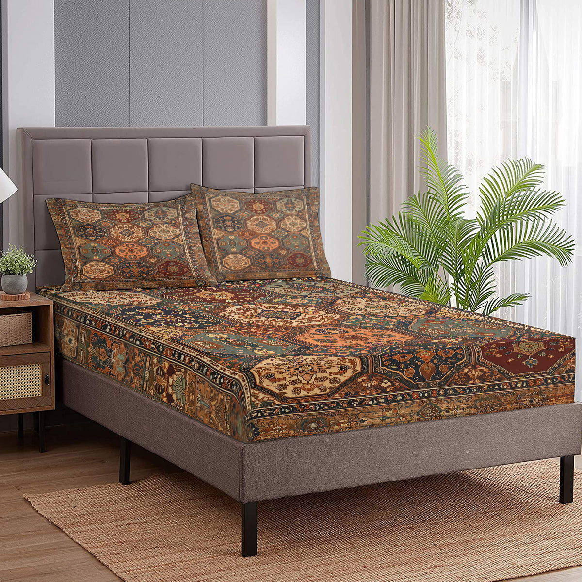 3-Piece Retro Bohemian Bedding Set - Fitted Sheet & Pillowcases