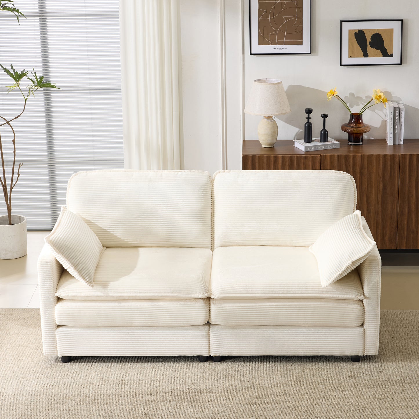 Modular 2-Seater Sectional Sofa with 22" Beige Cushions & 2 Pillows - Compact