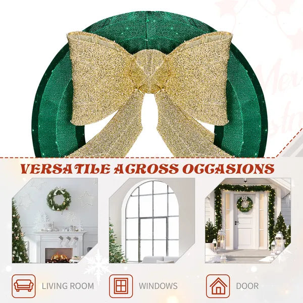 Pre-Lit Outdoor Christmas Wreath with Golden Bow - 24-Inch