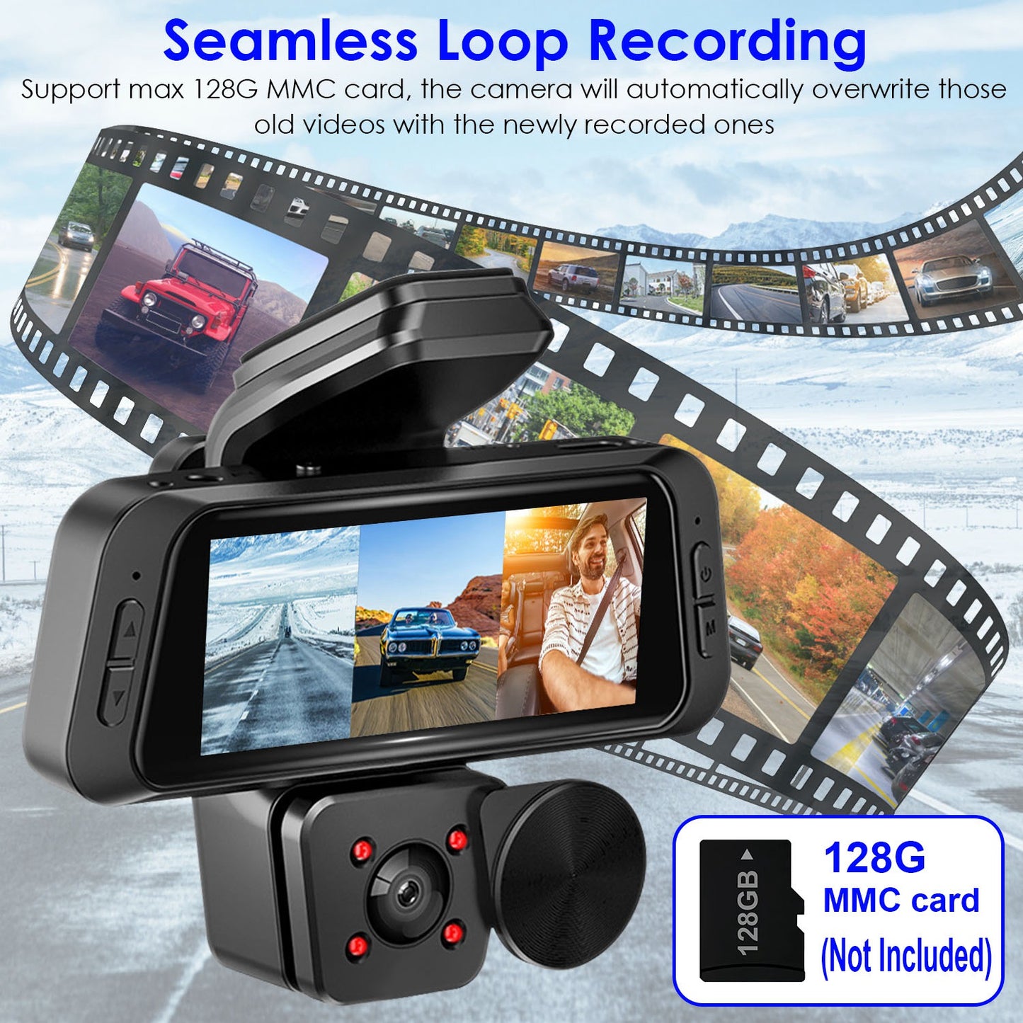 1080P FHD 3-Channel WiFi Dash Cam with Night Vision & Motion Detection