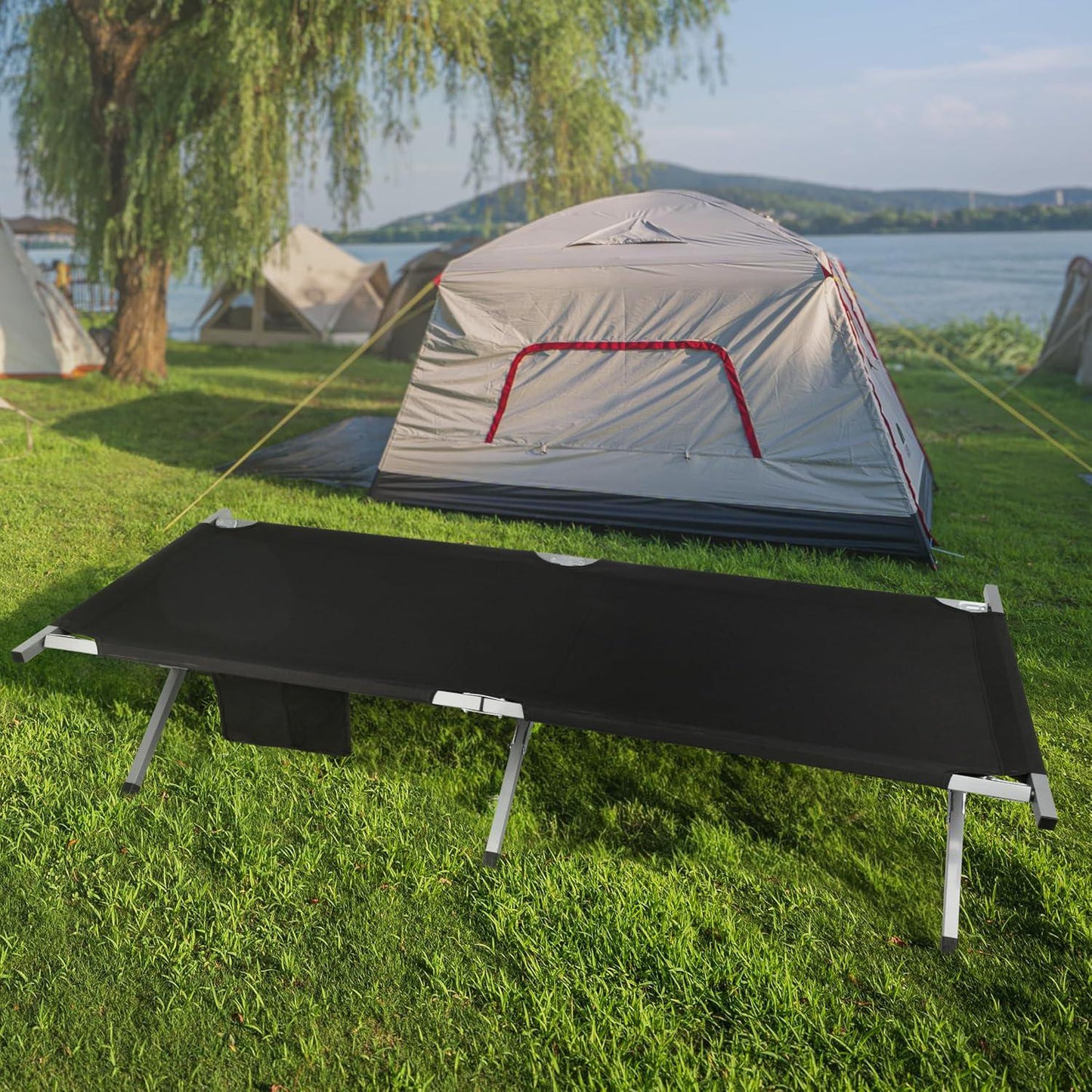 Portable Folding Camping Cot with Carry Bag - Lightweight Black