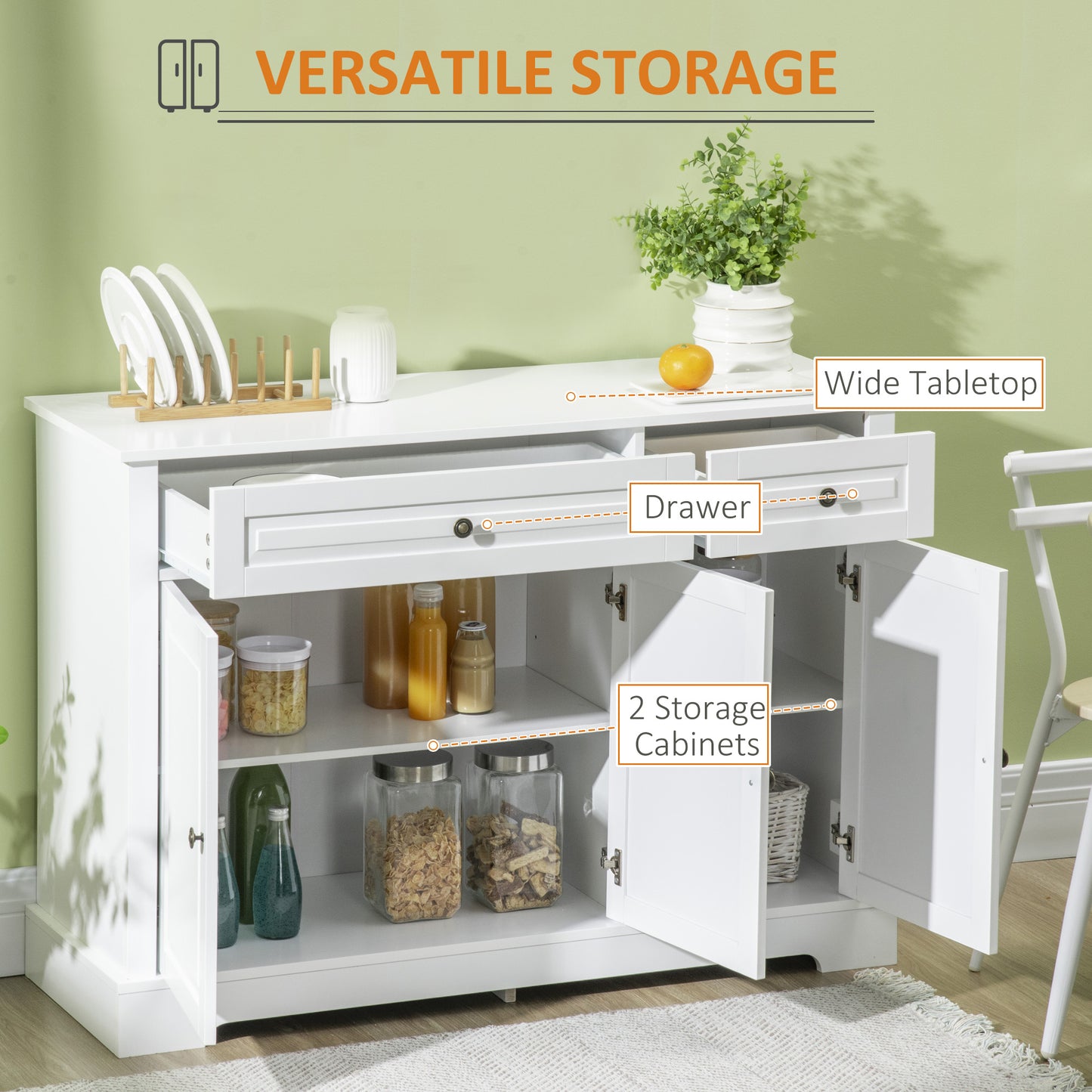 Modern White Sideboard Buffet Cabinet with 2 Drawers & Adjustable Shelves