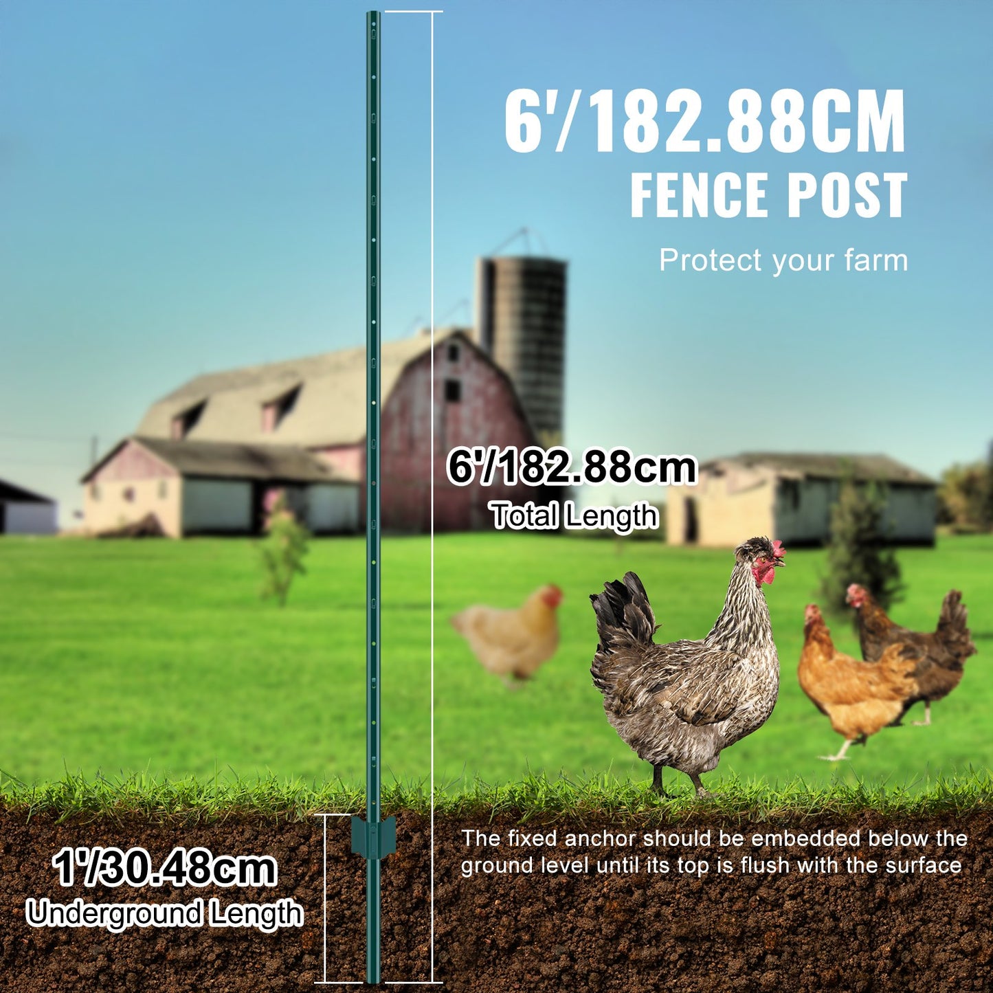 Heavy Duty 6ft Metal Fence Posts 6 Pack U-Channel Green Garden Fence Support