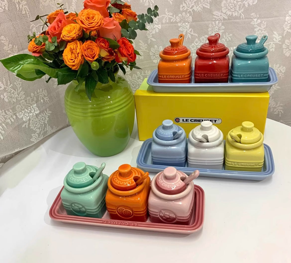 Ceramic Seasoning Jar Set with Spoon - Gift Box Condiment Bottles, Color Options