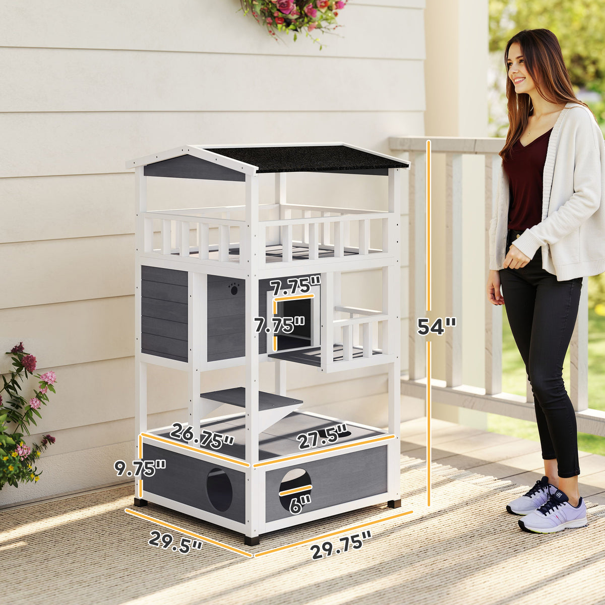 Outdoor Cat House with Asphalt Roof, Escape Doors & Jumping Platform - Gray