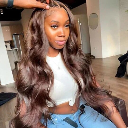 Chocolate Brown Body Wave Human Hair 4x4 Lace Closure Wig - 150% Density
