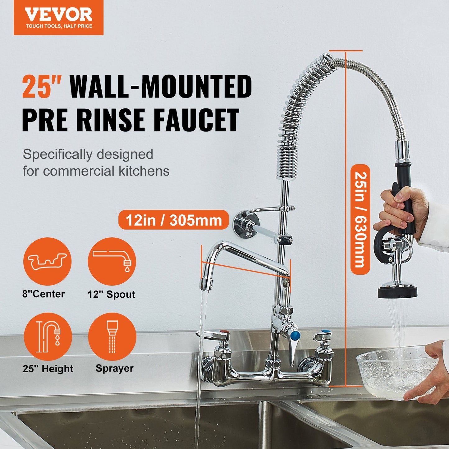 Wall-Mounted Commercial Faucet with Pre-Rinse Sprayer - 25" Height