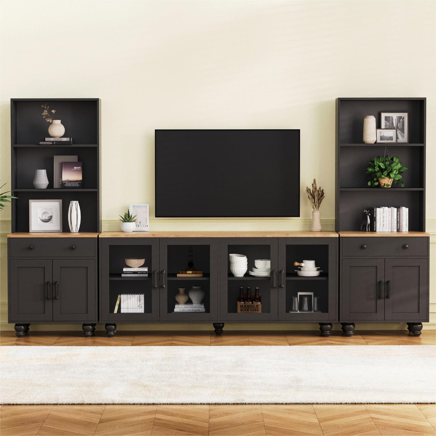 Farmhouse TV Stand with Gourd-Shaped Legs for TVs Up to 70" - Black Natural