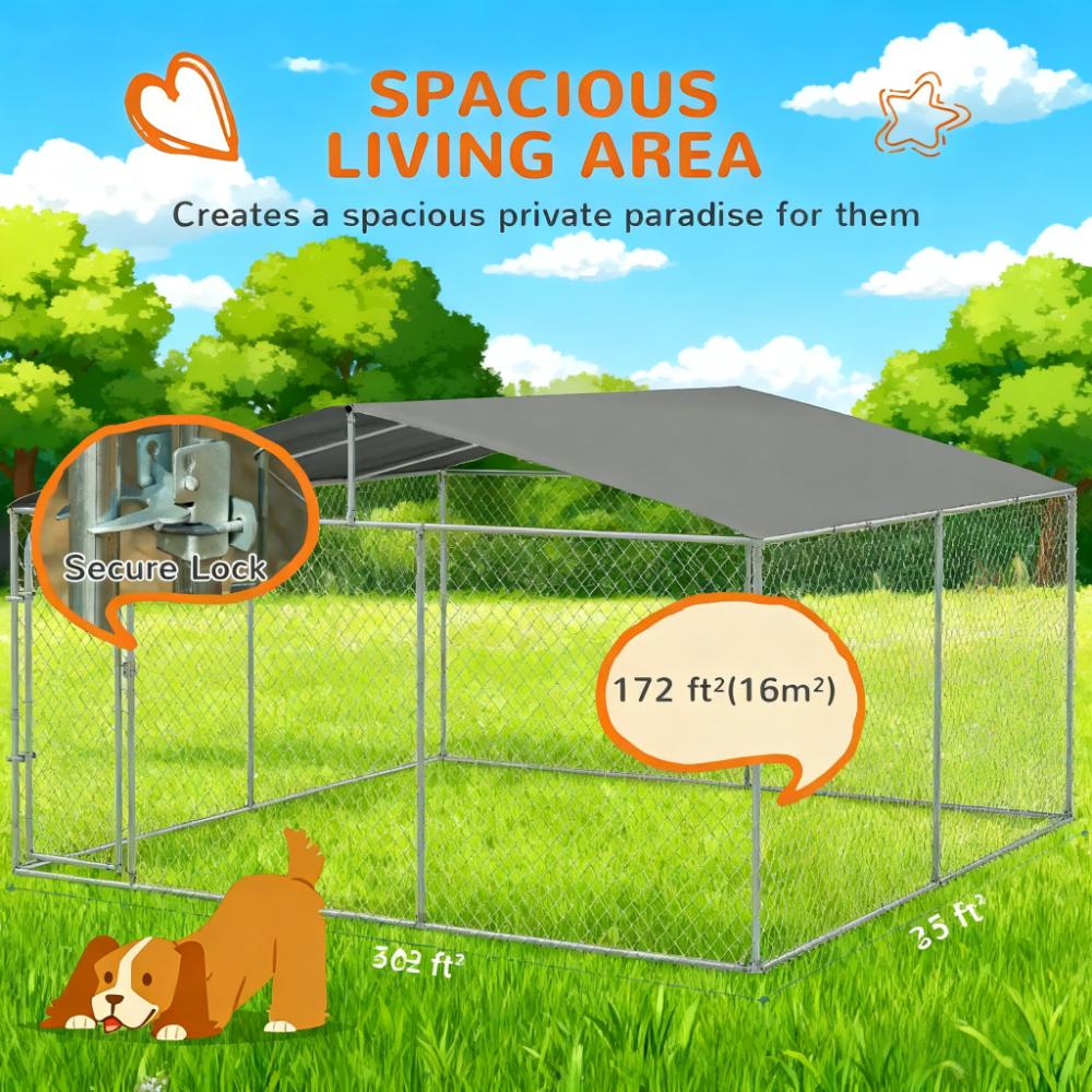 Steel Dog Kennel with Canopy - 157.5" x 157.5" x 91.25"