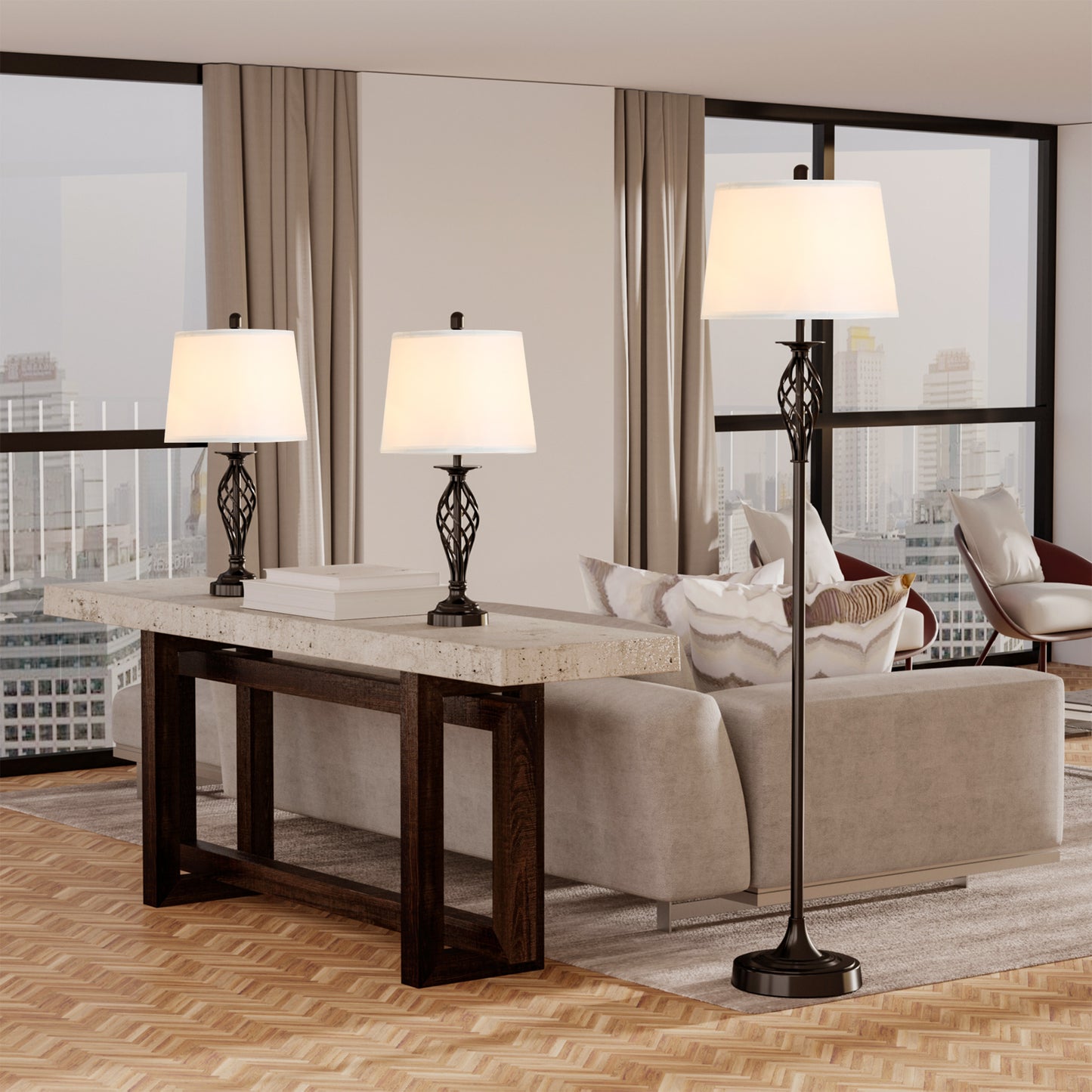 3-Piece Floor and Table Lamp Set with Metal Poles and Fabric Shades for Living Room - Black/White