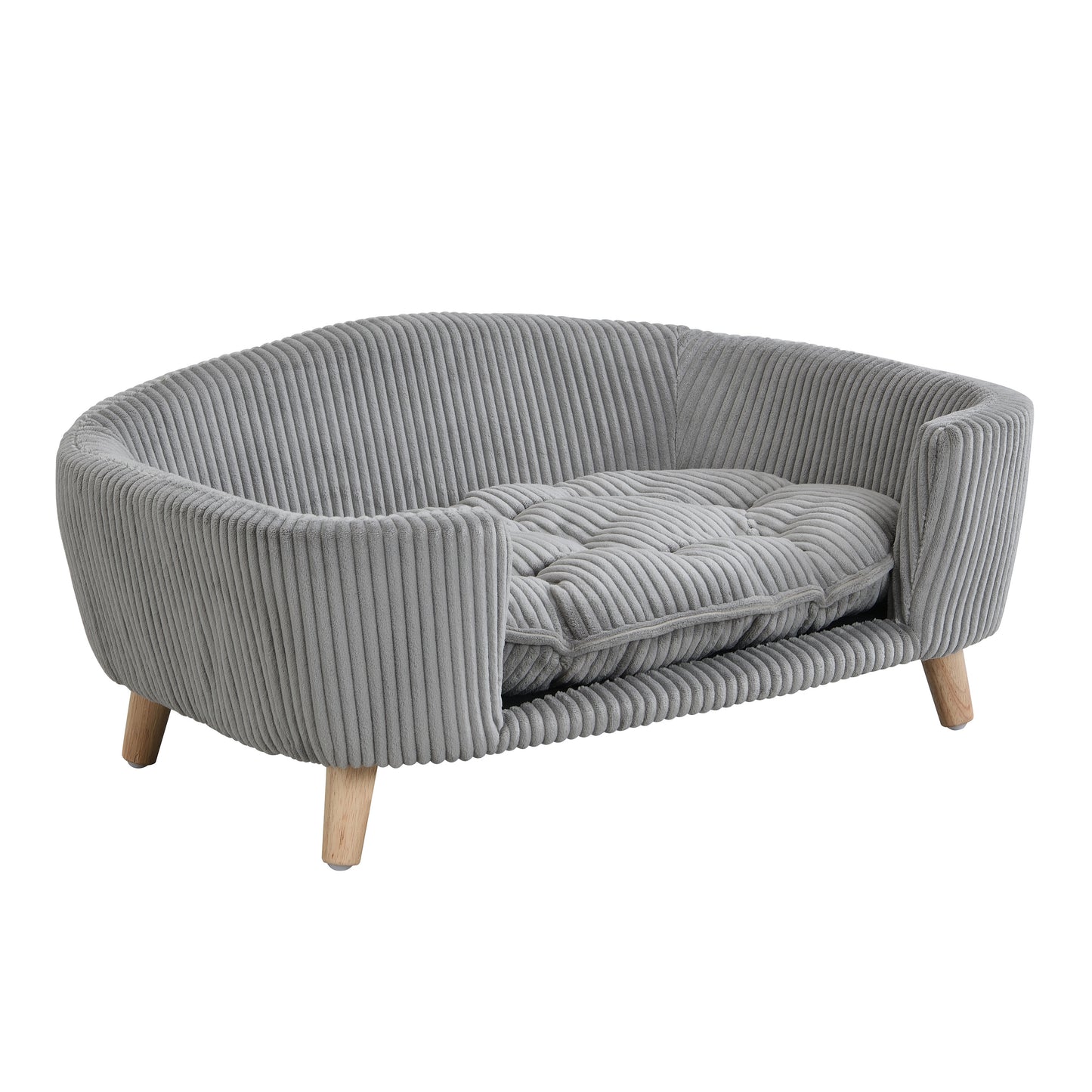 Small Dog Elevated Bed Frame with Corduroy Cushion & Rubber Wood Legs - Grey