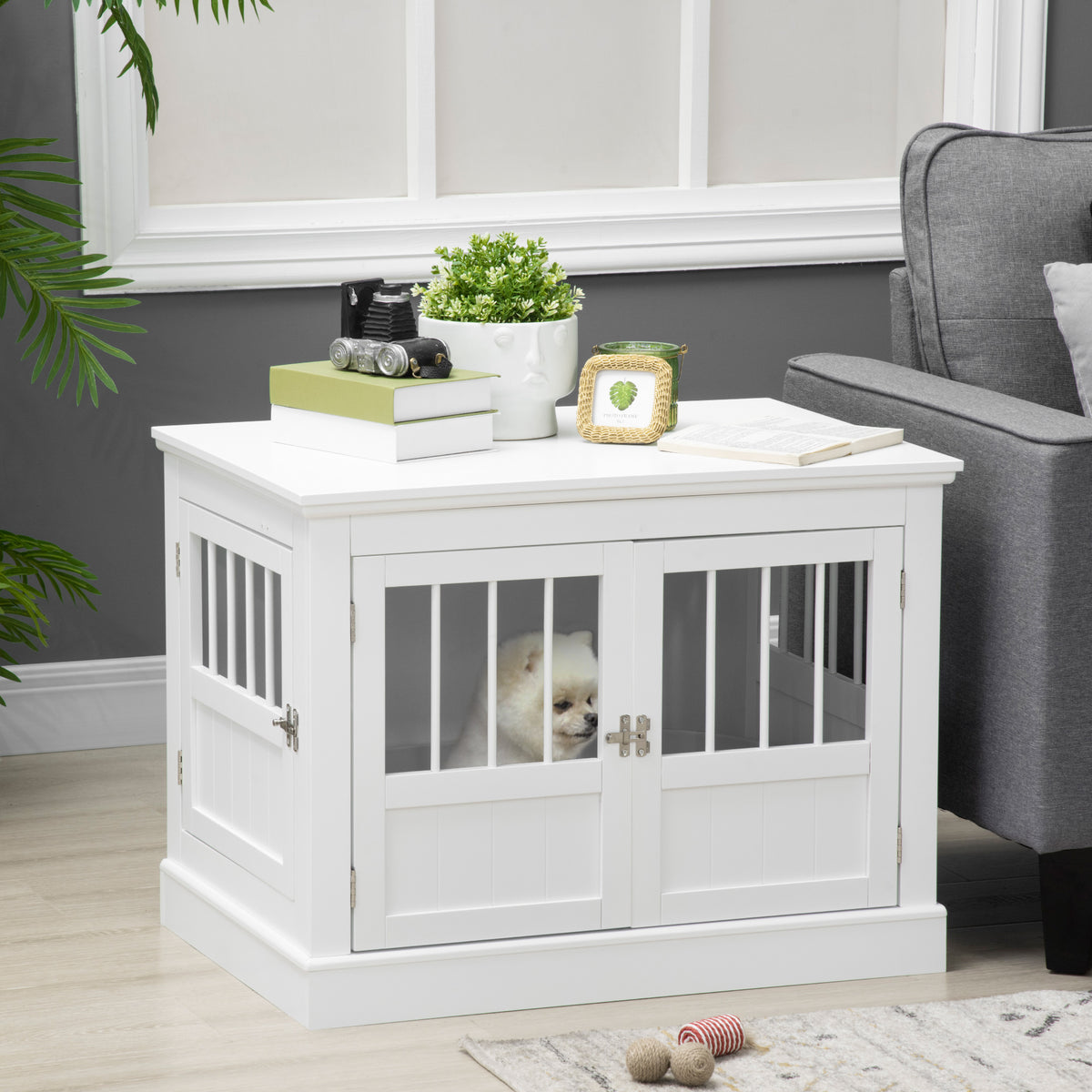 Wooden Dog Crate End Table with Triple Doors - Small Dog Furniture, White