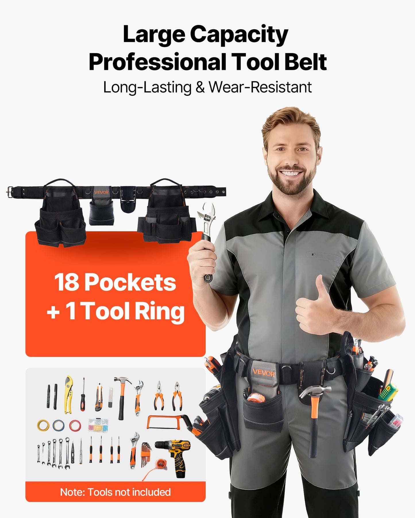 Heavy Duty Tool Belt with 18 Pockets for Construction and Carpentry - Adjustable Waist