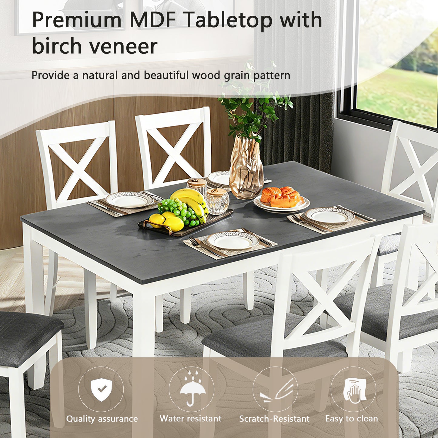 Solid Wood Dining Table Set with 6 Padded Chairs - Grey & White