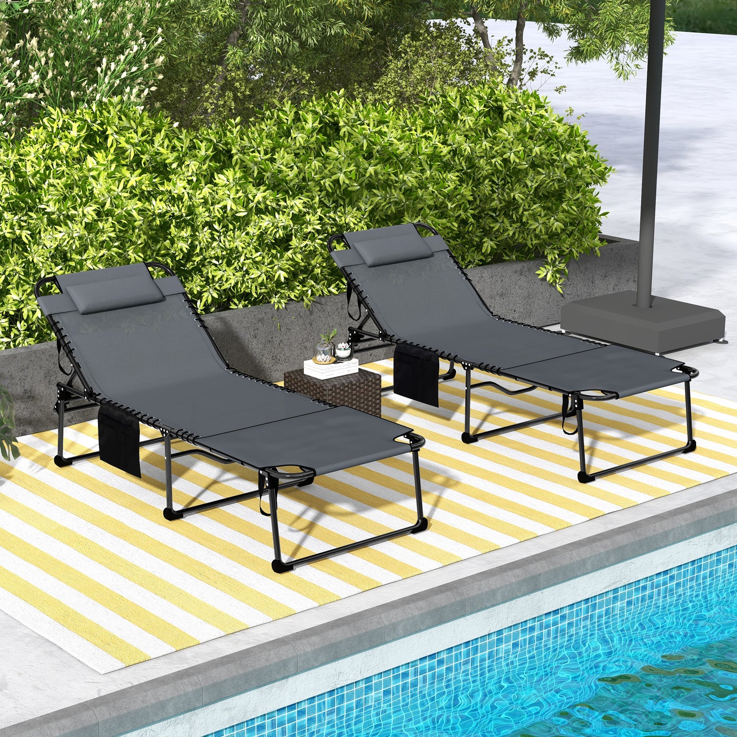 Folding Chaise Lounge Pool Chairs - 2-Piece Set with 5-Level Recline, Side Pocket, Gray
