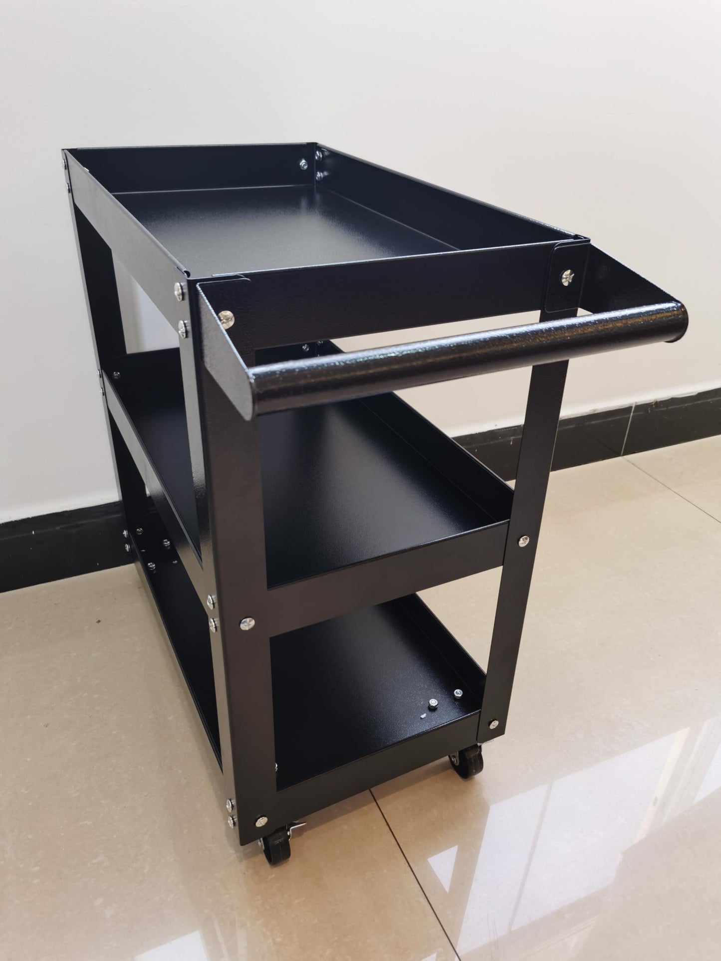 Three-Tier Hand Cart with Lockable Wheels and Ergonomic Handle - Black