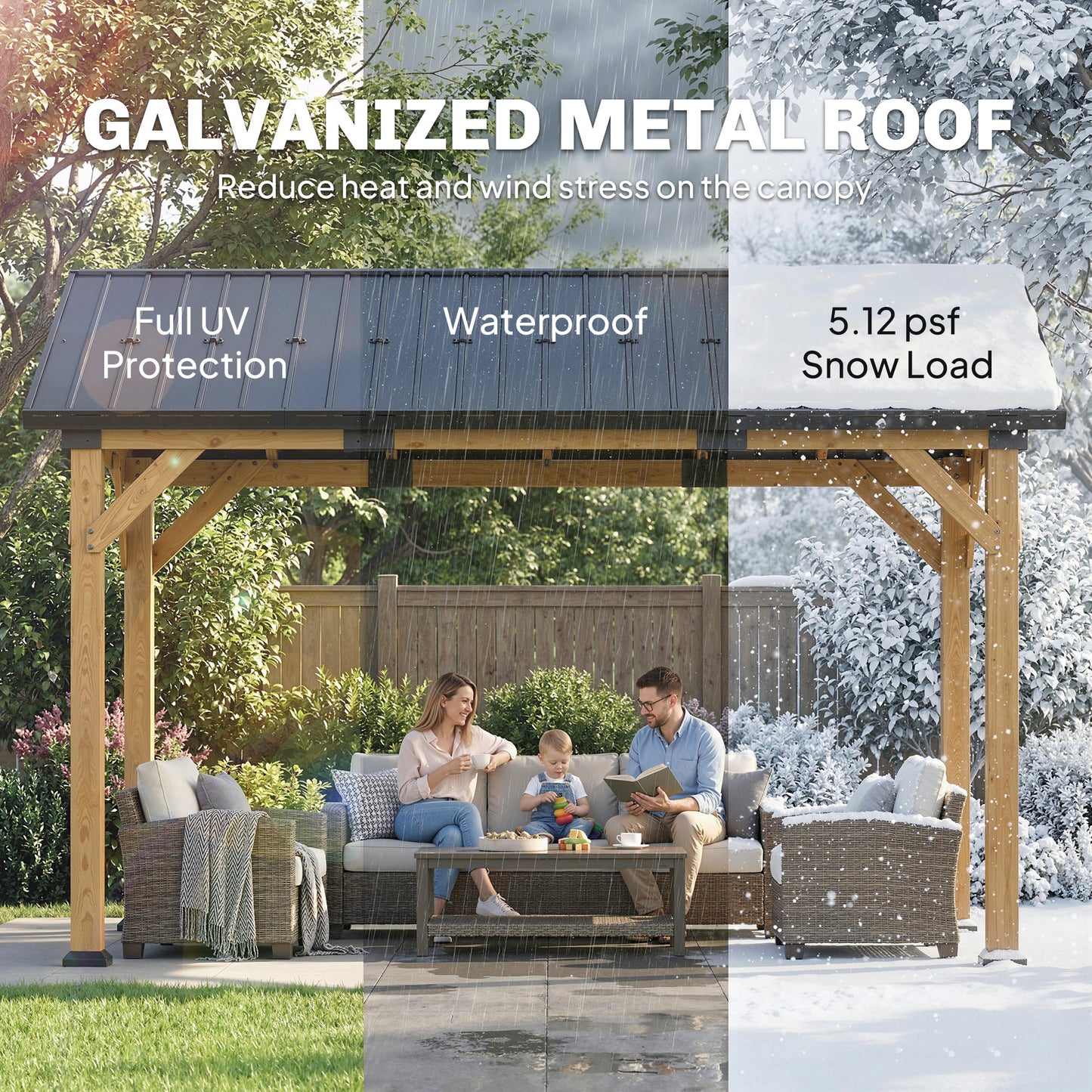 Hardtop Gazebo Canopy with Metal Roof & Fir Wood Frame - Black Gray