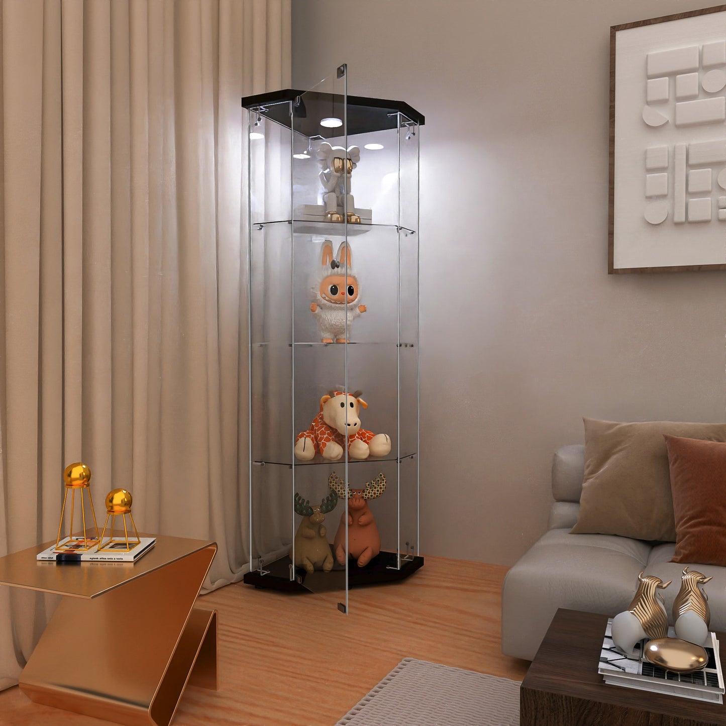 Glass Display Cabinet With 4 Shelves,Pentagon,LED,Curio Cabinets For