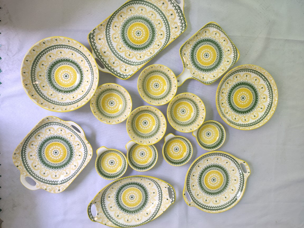 Bohemian Ceramic Dinnerware Set - 13 or 15 Piece Kitchen Plate & Cutlery Collection
