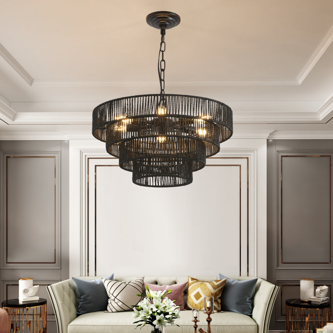 Rustic 4-Tier Hemp Rope Pendant Light Fixture with 6 E12 Sockets