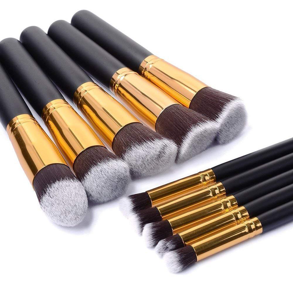 Portable Makeup Brush Set with Wooden Handles - 10-Piece Cosmetic Tools