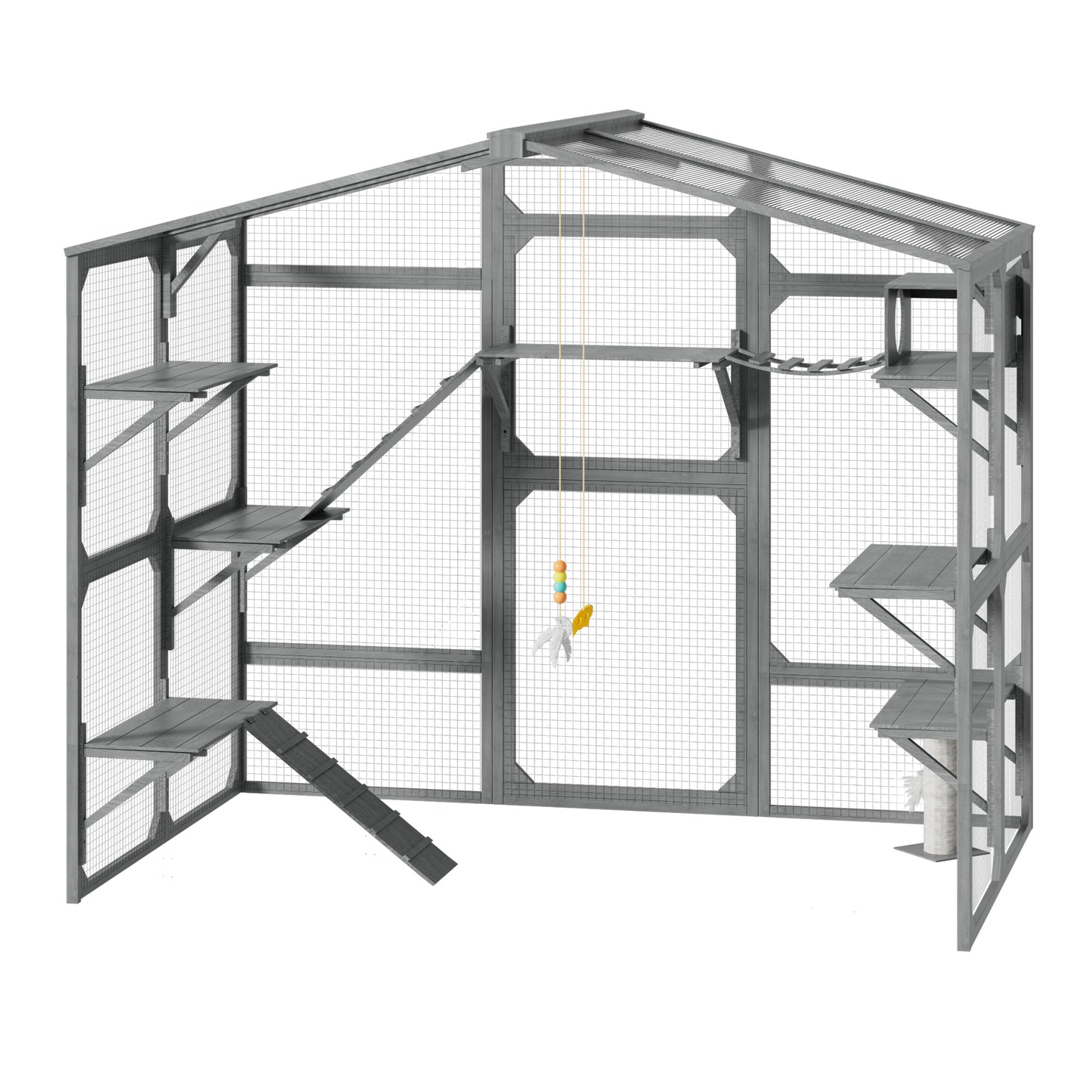 Outdoor Cat Enclosure with 6 Platforms Climbing Ramp & Resting Box for Multiple Cats - Grey