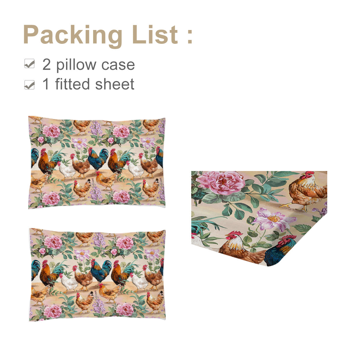 Farmhouse Animal Bed Sheet Set - Deep Pocket Fitted Bedding with Floral Rose Pattern