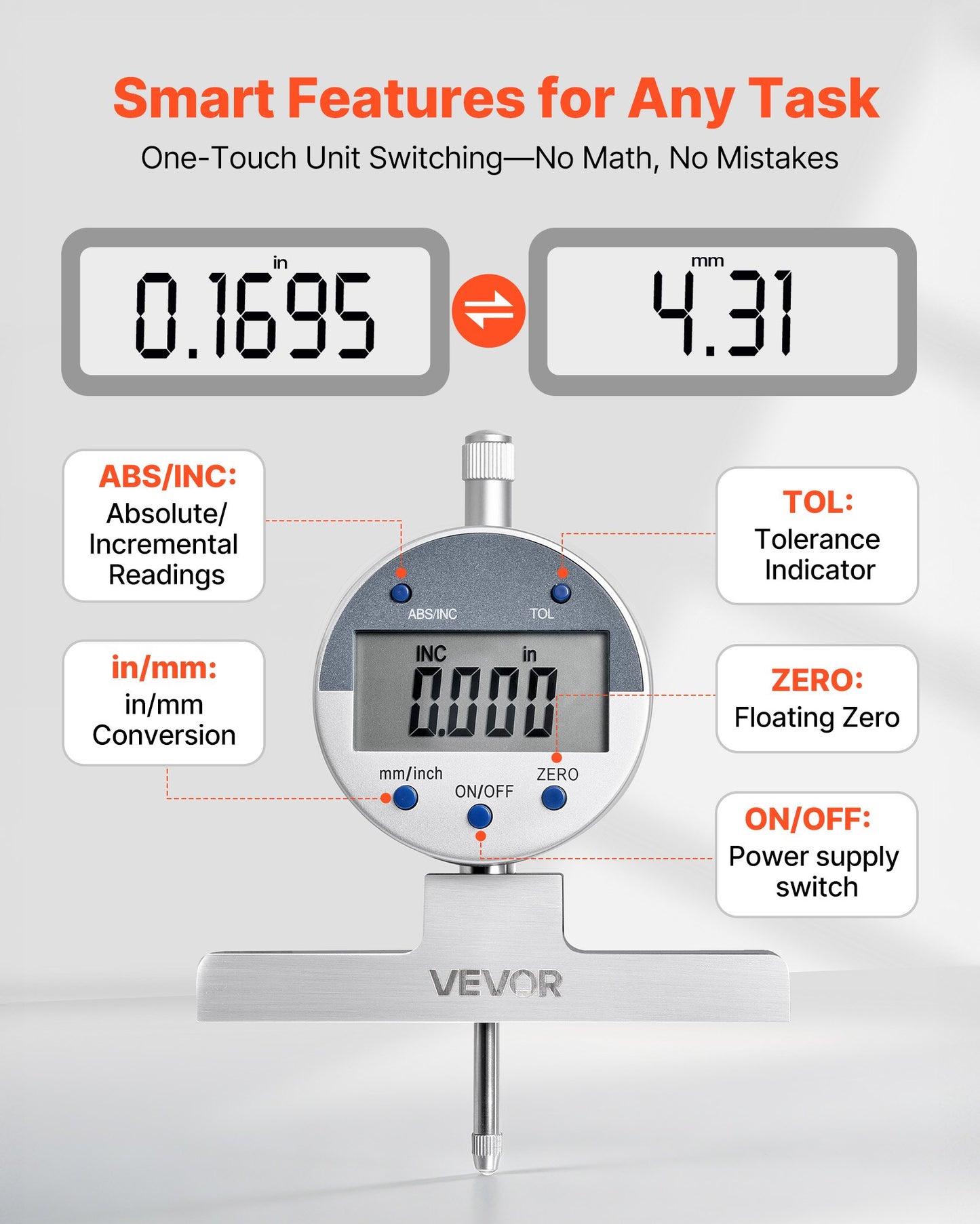 Digital Depth Gauge Micrometer 0-22 Inch Range, Precision Electronic Indicator