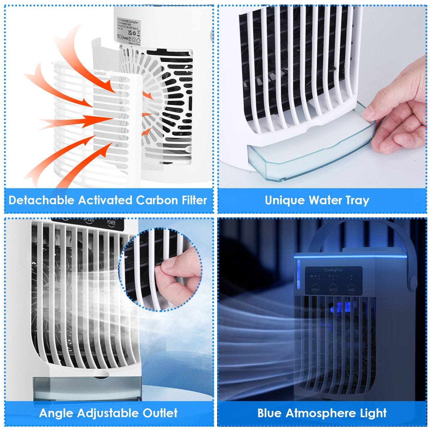 Portable Air Conditioner Fan with Humidifier & Night Light - White