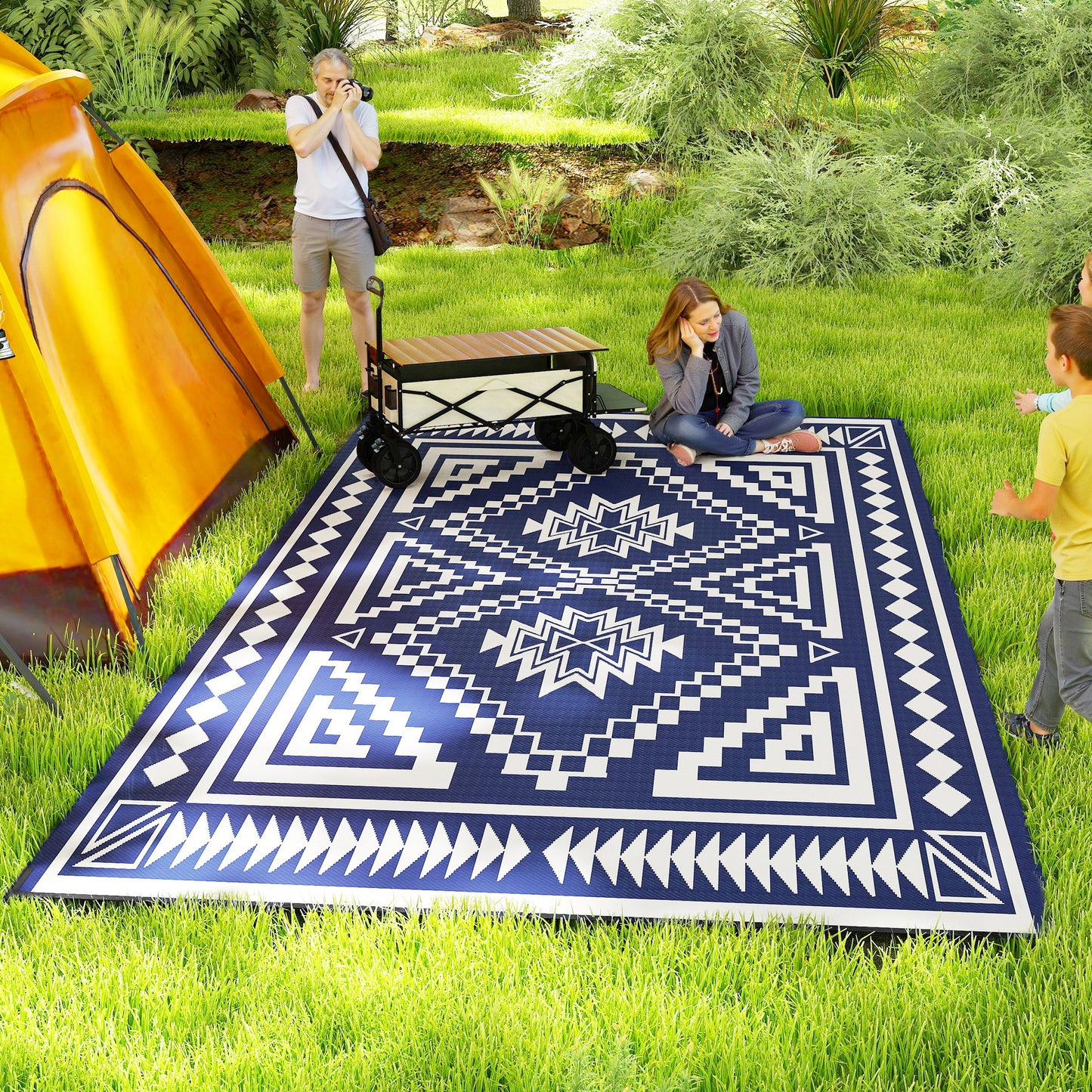 Reversible Outdoor Rug - Waterproof Blue & White Patchwork, 9' x 18' with Carry Bag