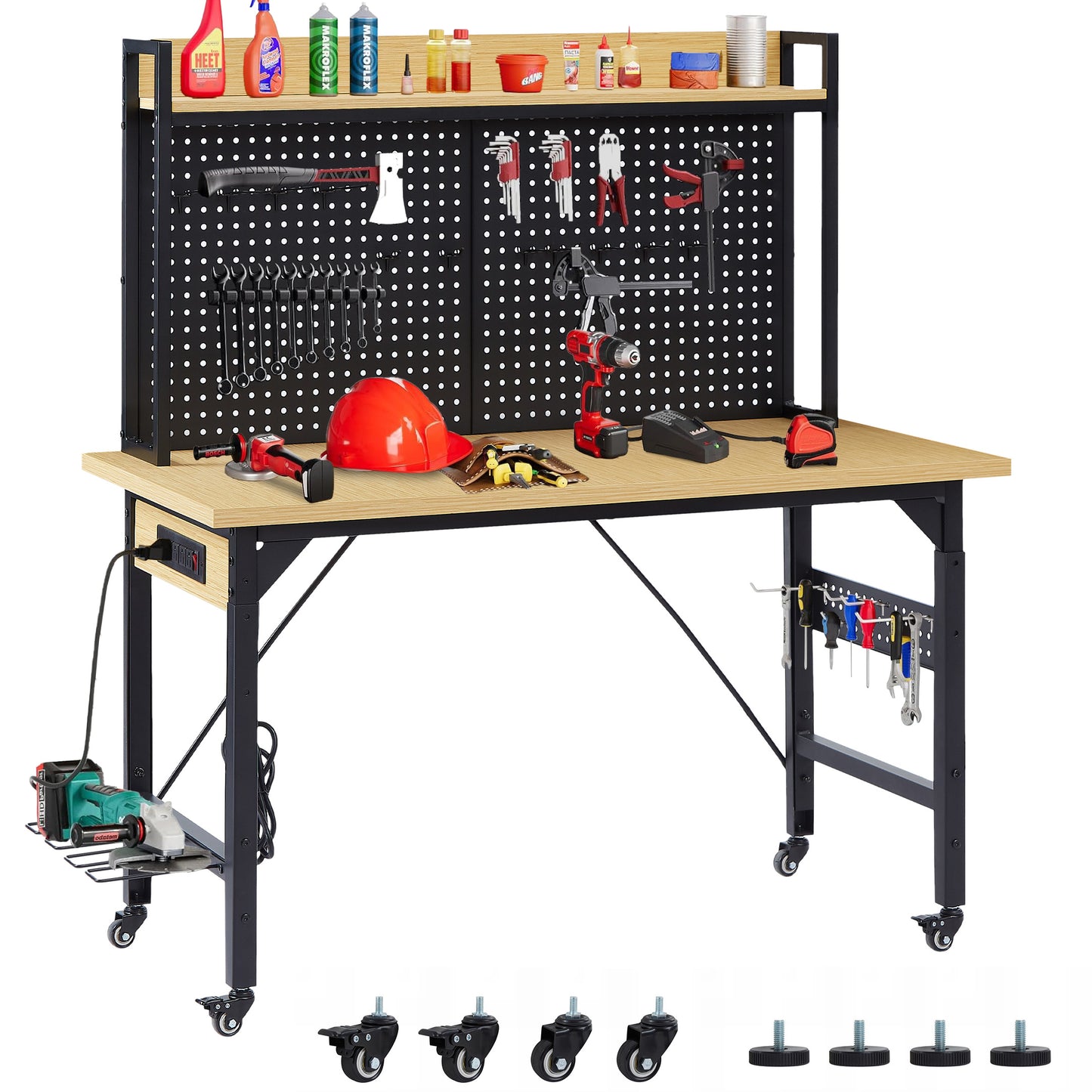 48" Adjustable Workbench with Pegboard & Power Outlets - Yellow/Black