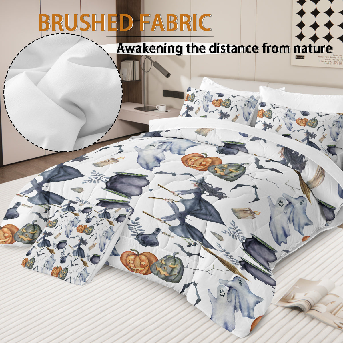 Halloween Comforter Set - 8 Piece Bed In A Bag with Witch Pattern