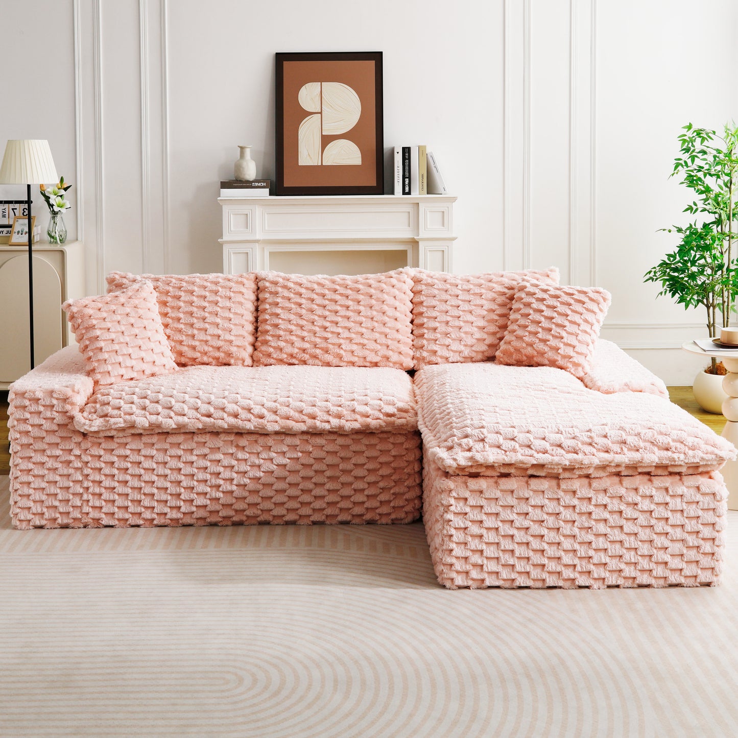 Convertible Pink Velvet Sofa with Chaise Lounge - Twin-Seat