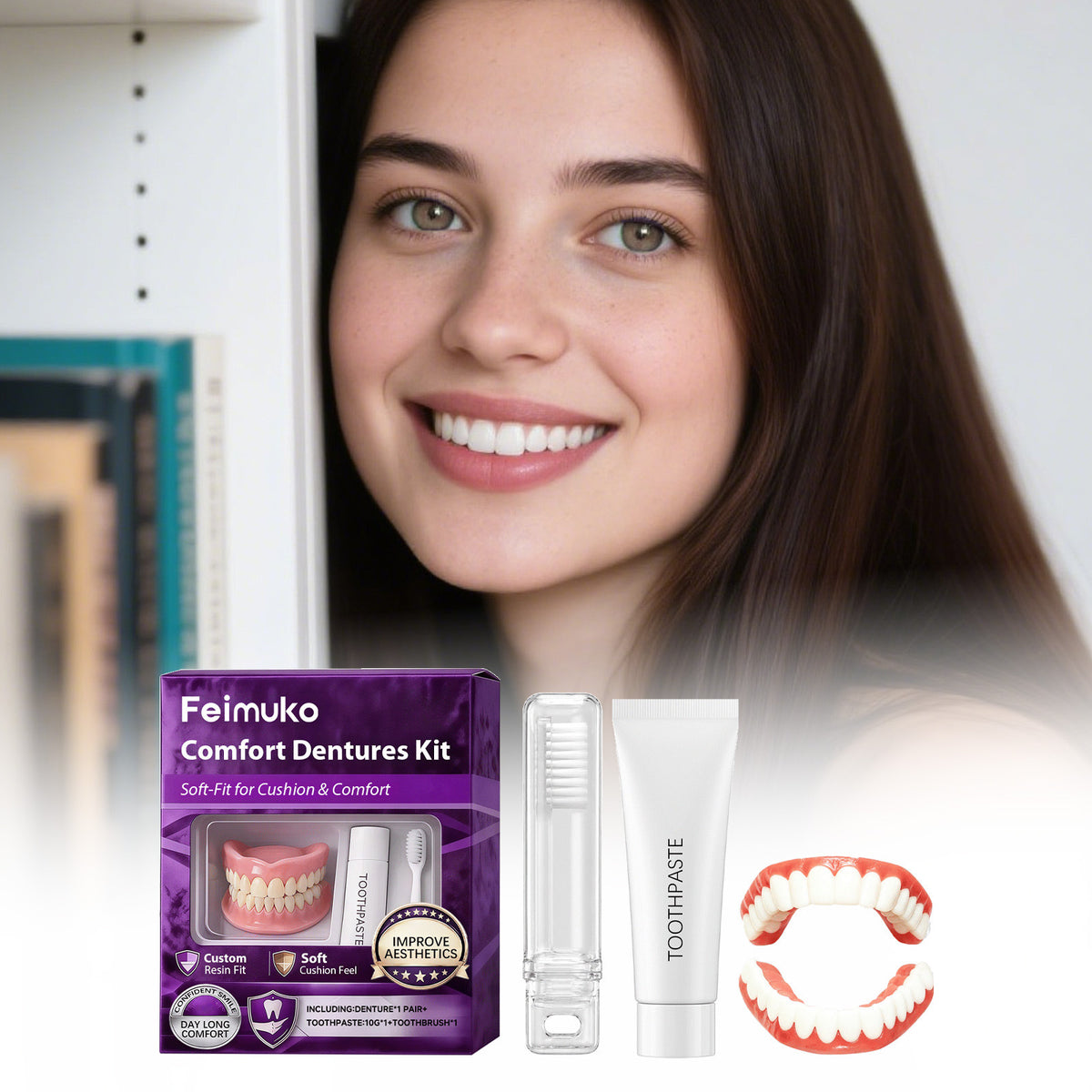 Denture Care Kit with Toothpaste, Brush & Mouthguard