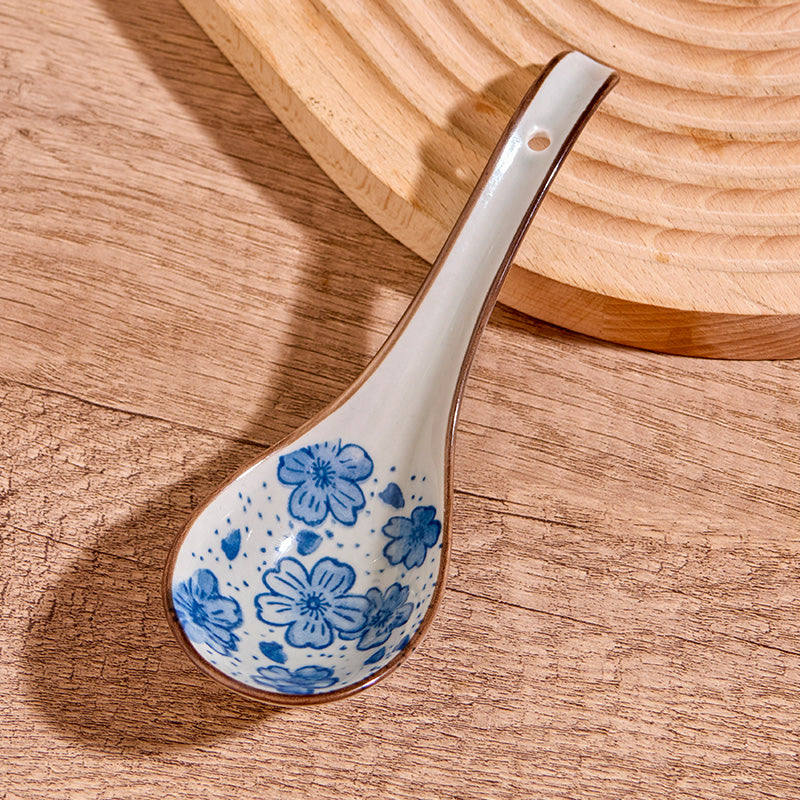 Ceramic Kitchen Spoon Set - Retro Long Handle Floral Pattern, 4 Pack