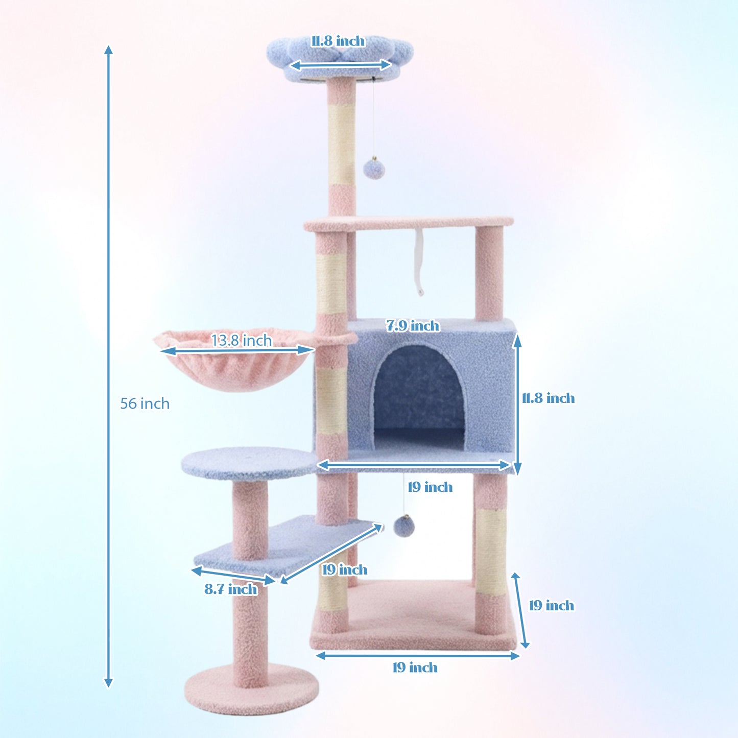 Flower Cat Tree with Large Condo, Removable Flower Cushion & Hammock - Blue