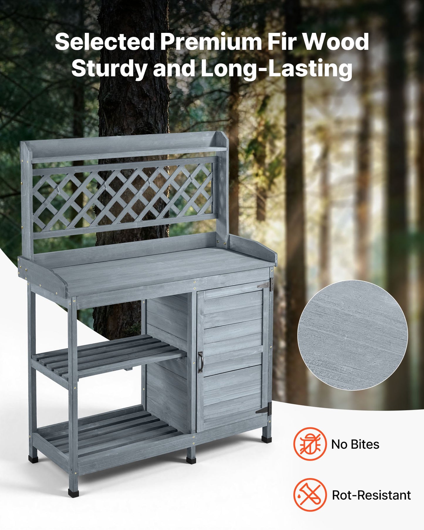 Outdoor Potting Bench Table with Storage Cabinet & Shelves - Wooden Workstation for Gardening, Gray
